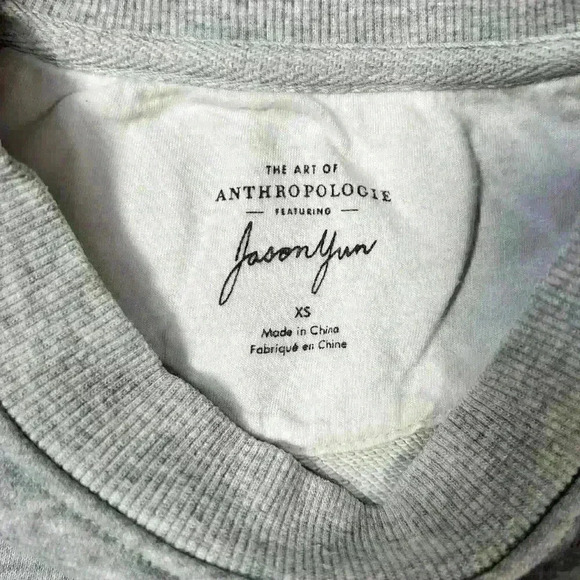 ANTHROPOLOGIE Jason Yun Peace Dove Ruched Gray Puff Sleeve Sweatshirt Women XS - Picture 6 of 11
